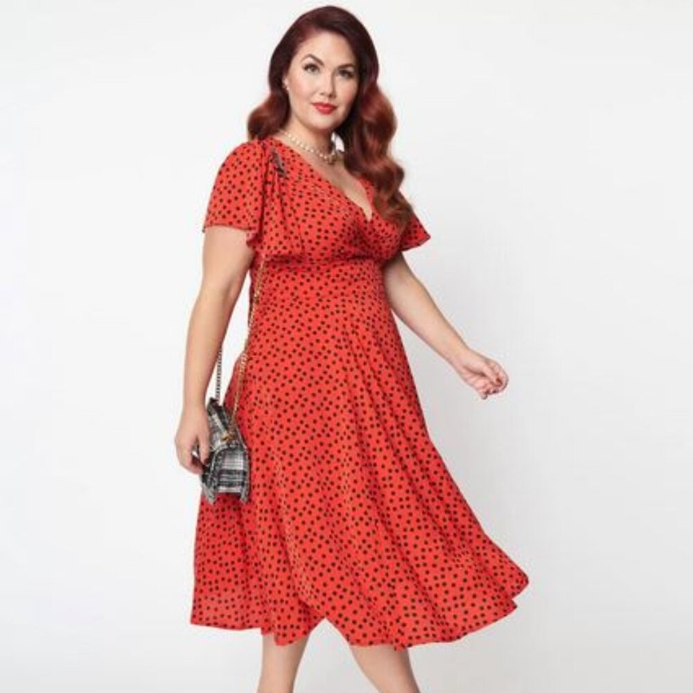 Unique Vintage Plus Size Red & Black Polka Dot Swing Dress - 2X/18